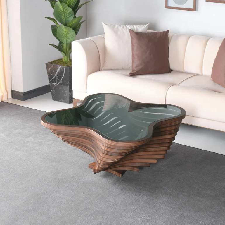 Glass Top Coffee Table, Natural Walnut Coffee Table for Living Room, Wood Large Coffee Table, Wooden Rustic Coffee Table, Susan Model Table