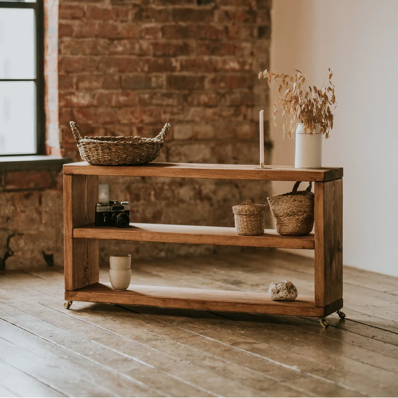 Rustic Storage Unit made from Solid Wood | Rustic Bench | Wooden Bookshelf with Castor Wheels or Hairpin Legs