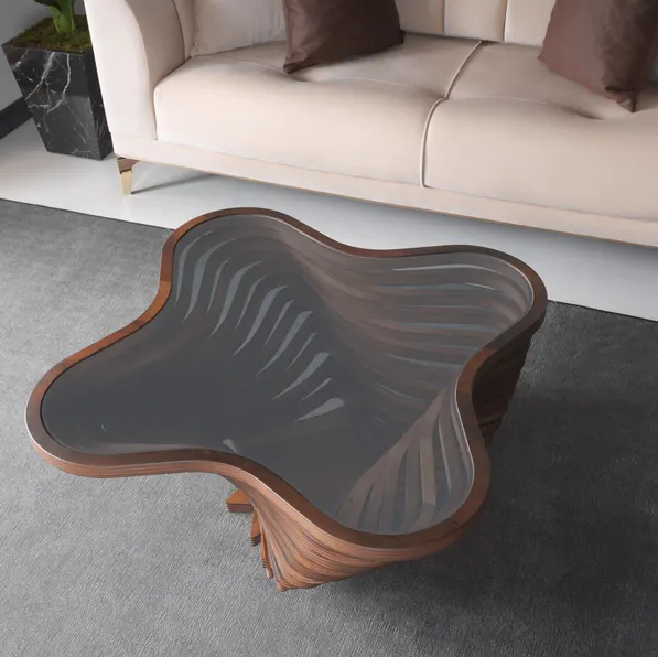 Glass Top Coffee Table, Natural Walnut Coffee Table for Living Room, Wood Large Coffee Table, Wooden Rustic Coffee Table, Susan Model Table