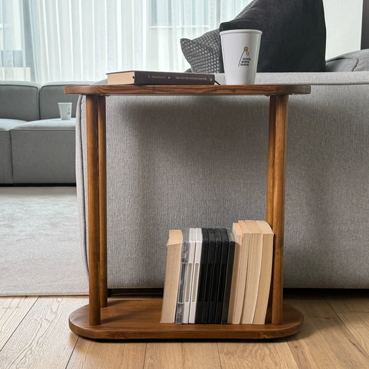 Narrow End Tables, Unique Side Table Sofa, Small MCM Walnut Wood Coffee Table with Storage Phone Holder, Home Furniture, Skinny Drink Table
