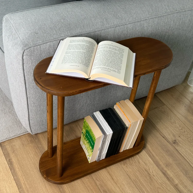 Narrow End Tables, Unique Side Table Sofa, Small MCM Walnut Wood Coffee Table with Storage Phone Holder, Home Furniture, Skinny Drink Table