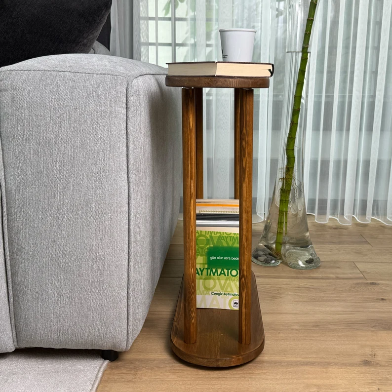 Narrow End Tables, Unique Side Table Sofa, Small MCM Walnut Wood Coffee Table with Storage Phone Holder, Home Furniture, Skinny Drink Table