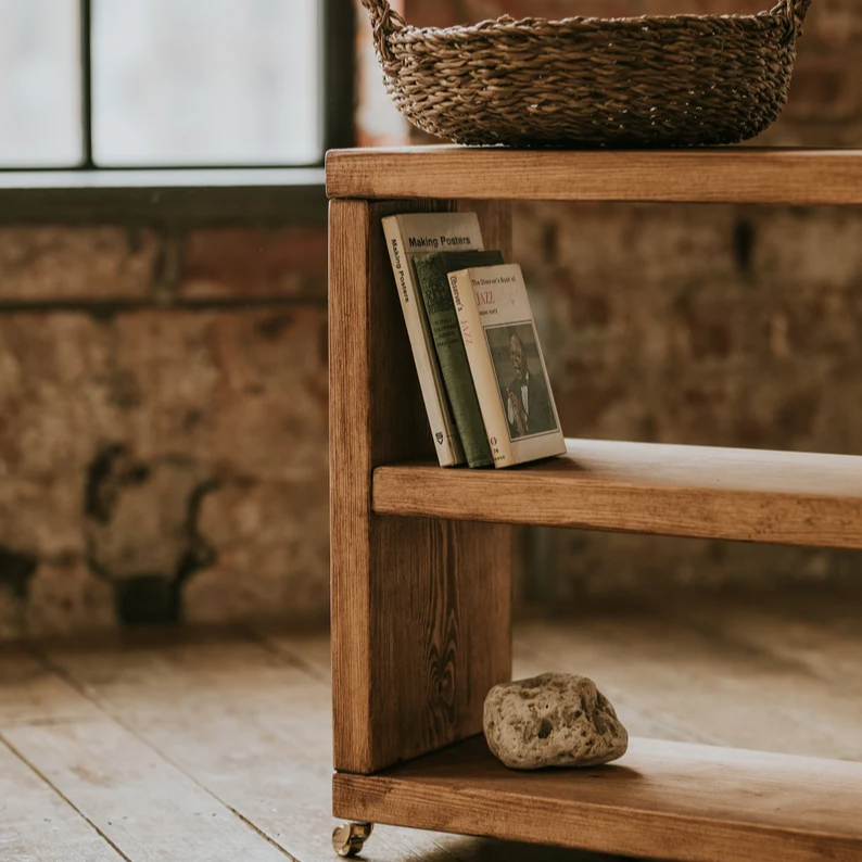 Rustic Storage Unit made from Solid Wood | Rustic Bench | Wooden Bookshelf with Castor Wheels or Hairpin Legs